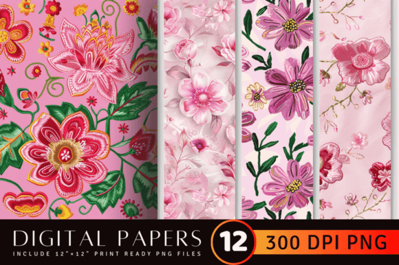 Pink Embroidery Flowers Digital Paper